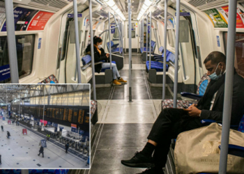 A man sits on an empty tube and (inset) a deserted rail station.