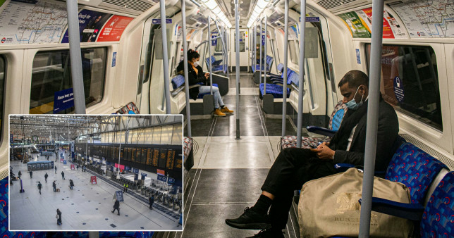 A man sits on an empty tube and (inset) a deserted rail station.