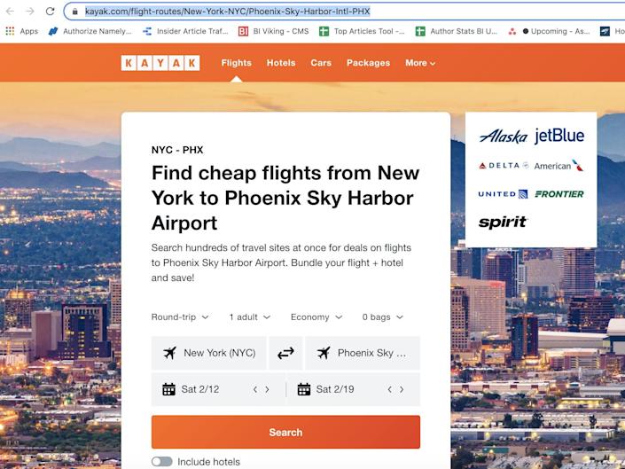 A screenshot of Kayak's search engine for flights between New York and Phoenix.