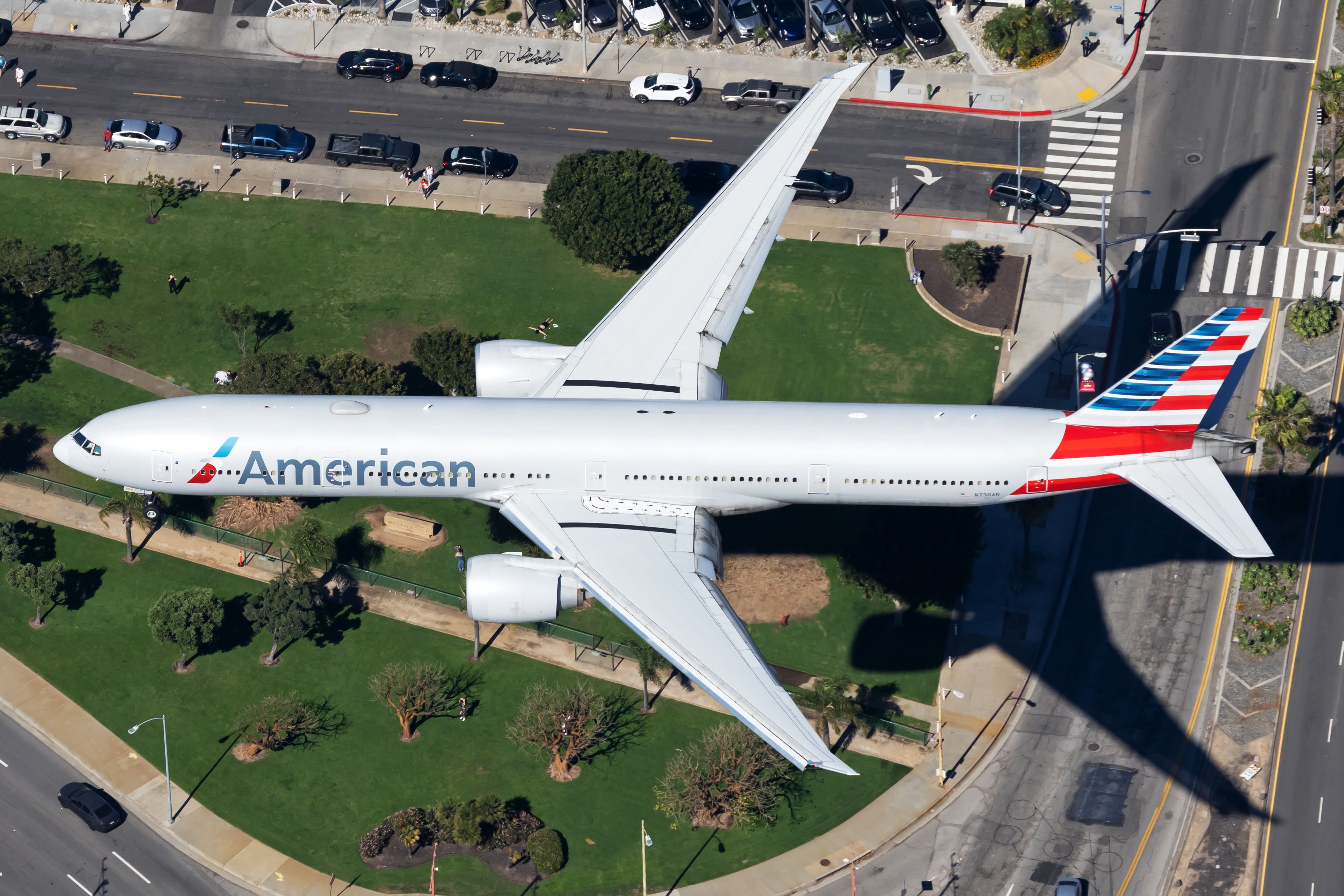 An American Airlines Boeing 777-300ER about to land.