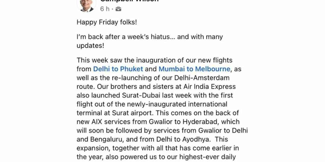 Back after hiatus Campbell Wilsons weekend greeting marks Air Indias.webp - Travel News, Insights & Resources.