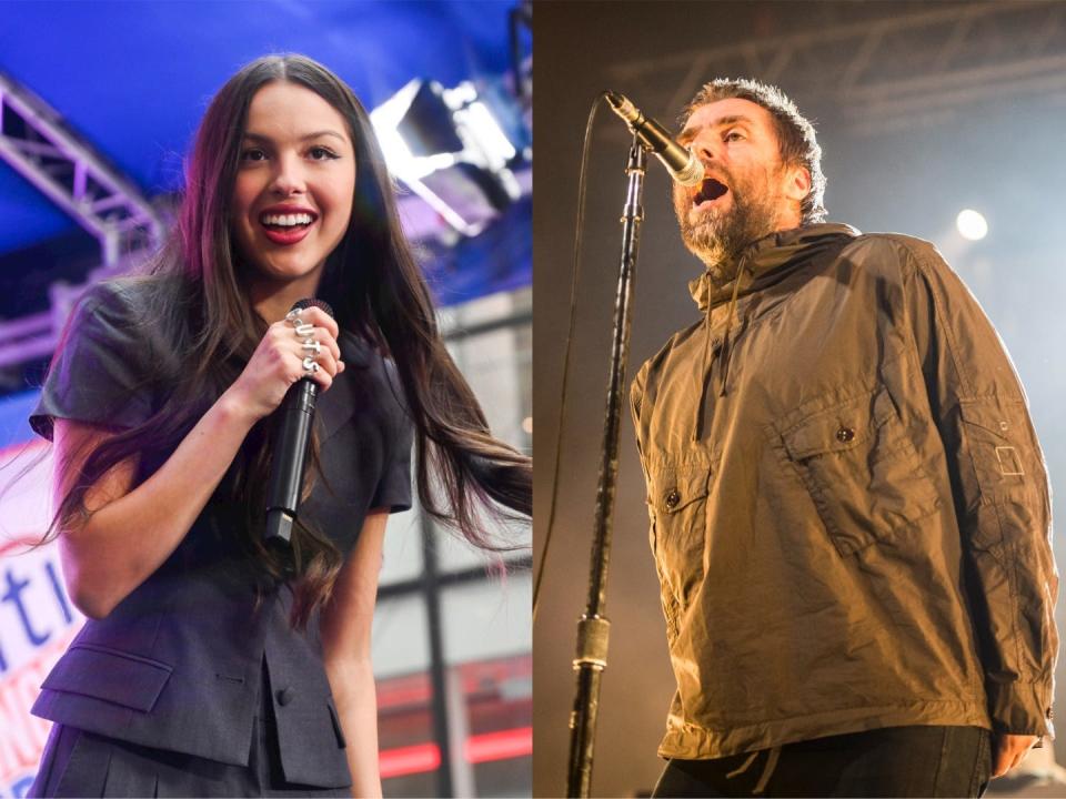 A collage of Olivia Rodrigo smiling with a microphone, and Liam Gallagher singing into a microphone with his hands behind his back wearing a parka