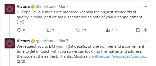 Vistara Airlines responded to the man's criticisms. 