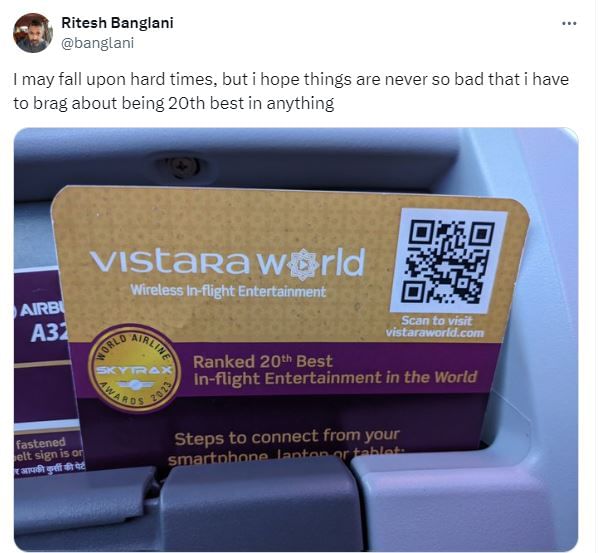 Vistara celebrates '20th best rank' in the world for in-flight entertainment. 