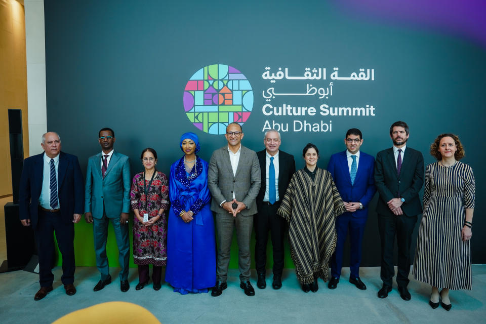 MONDIACULT Ministerial Dialogue participants, from left: H.E. Alpidio Alonso (Republic of Cuba), H.E. Abakar Rozzi Teguil (Republic of Chad), H.E. Marie Anne Janick Jaunbocus (Republic of Mauritius), H.E. Hannatu Musa Musawa (Federal Republic of Nigeria), H.E. Abraão Vicente (Republic of Cabo Verde), Ernesto Ottone Ramirez, Assistant Director-General for Culture, UNESCO, H.E. Adriana Ortiz (Republic of Paraguay),  H.E. Mohamed Mehdi Bensaid (Kingdom of Morocco), H.E. Ernest Urtasun (Kingdom of Spain),  H.E. Nina Obuljen Koržinek, (Croatia); Culture Summit Abu Dhabi 2024. Courtesy DCT Abu Dhabi.