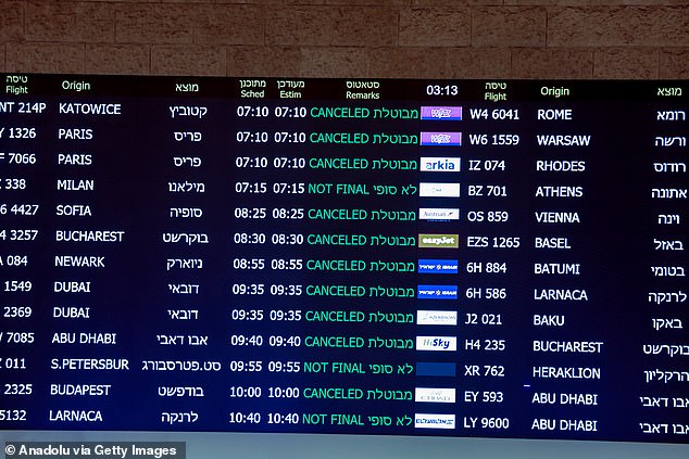 ISRAEL: An info board shows cancelled flights at Ben Gurion Airport in Tel Aviv yesterday