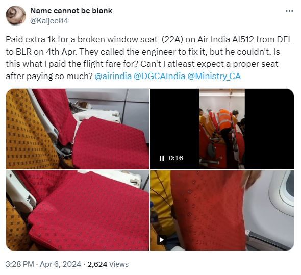 Man got a broken window seat in an Air India aircraft despite paying extra. 