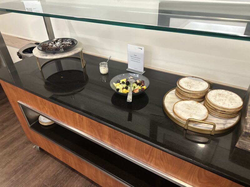 a display case with food on it