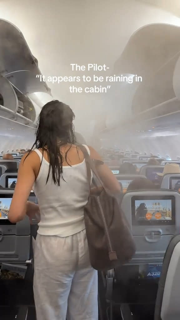 Passengers aboard a four-hour flight bound for New York were treated to a refreshing mysterious mist inside the cabin of their plane, much to the dismay of some onboard. @savinnyc/TikTok