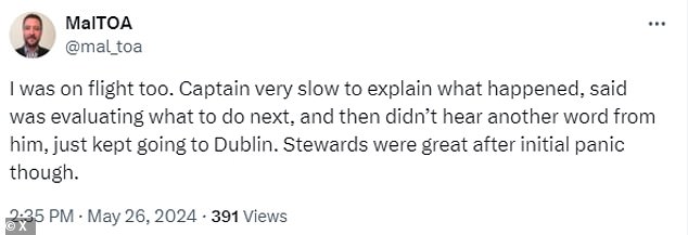 Tom took to Twitter/X to describe his experience saying that the captain was slow to explain what was happening but the air stewards were very helpful