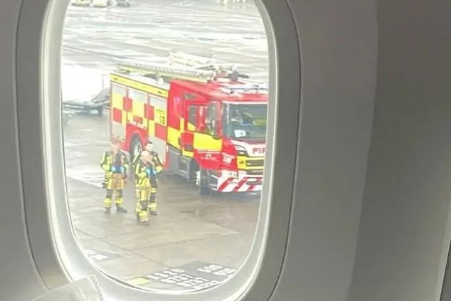 Firefighters and a fire engine outside the a plane at Dublin airport which experienced turbulence over Turkey resulting in 12 people being injured