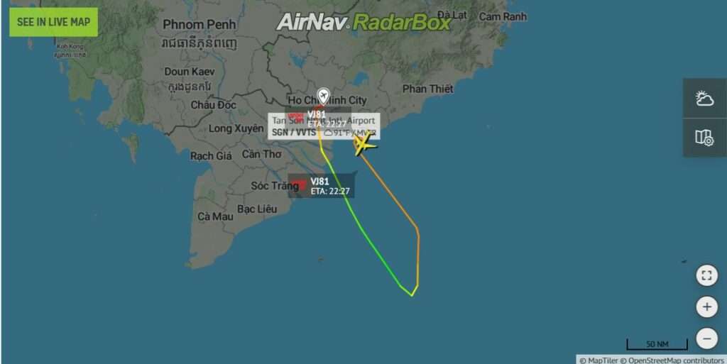 Flight track of VietJet VJ81 showing return to Ho Chi Minh City