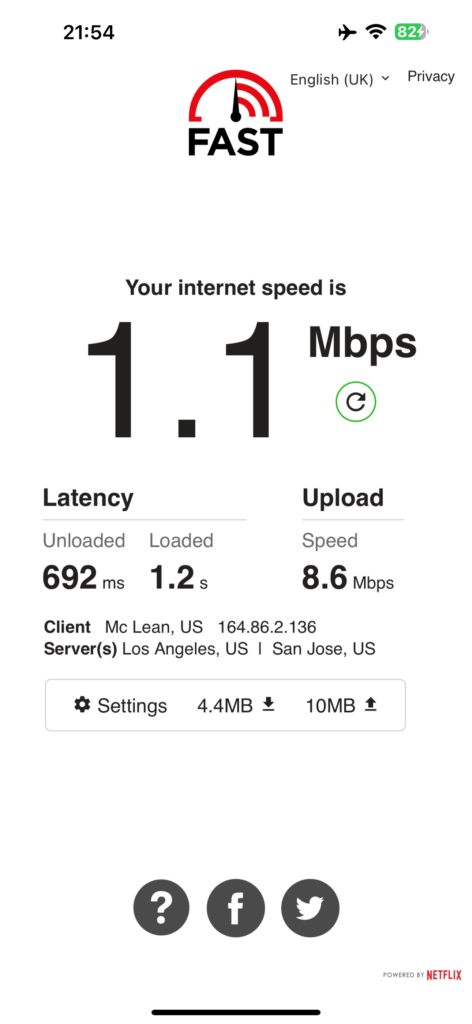 A screenshot of a connectivity speed test for the IFC on a BA flight.