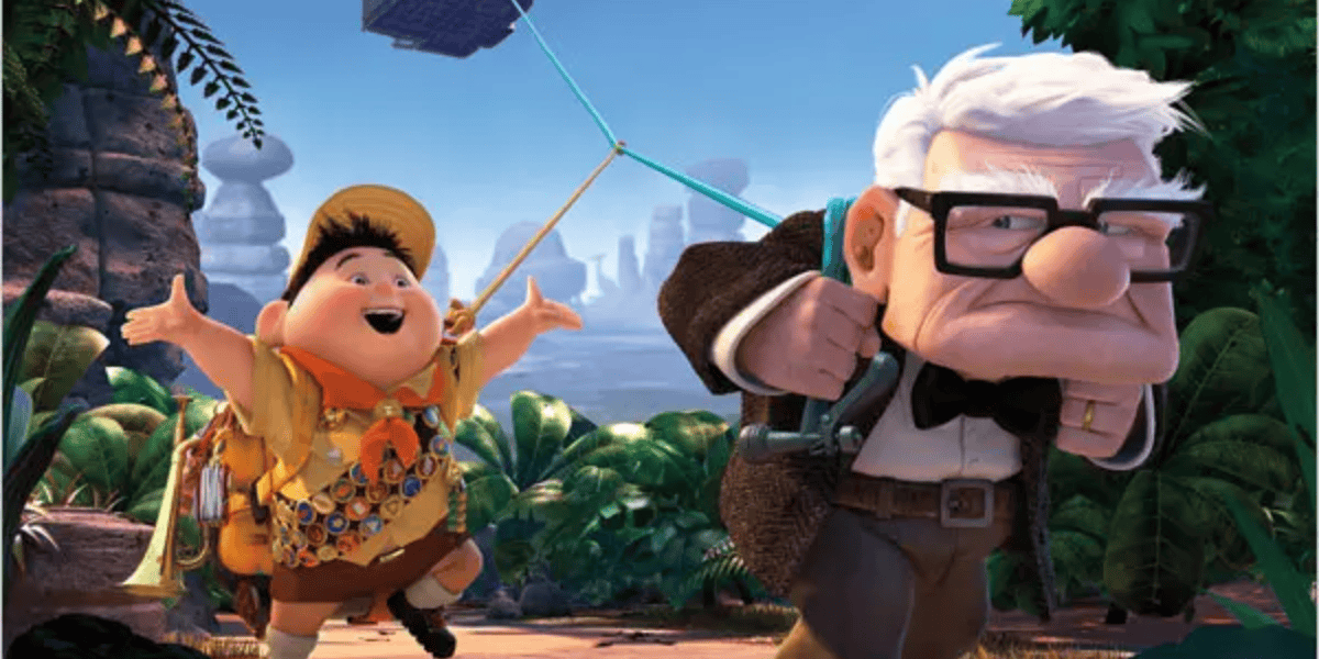 An animated image featuring a young boy in a scout uniform looking excited and an elderly man with glasses looking grumpy, both in a jungle setting with an UP-Inspired Airbnb that actually floats in the background.