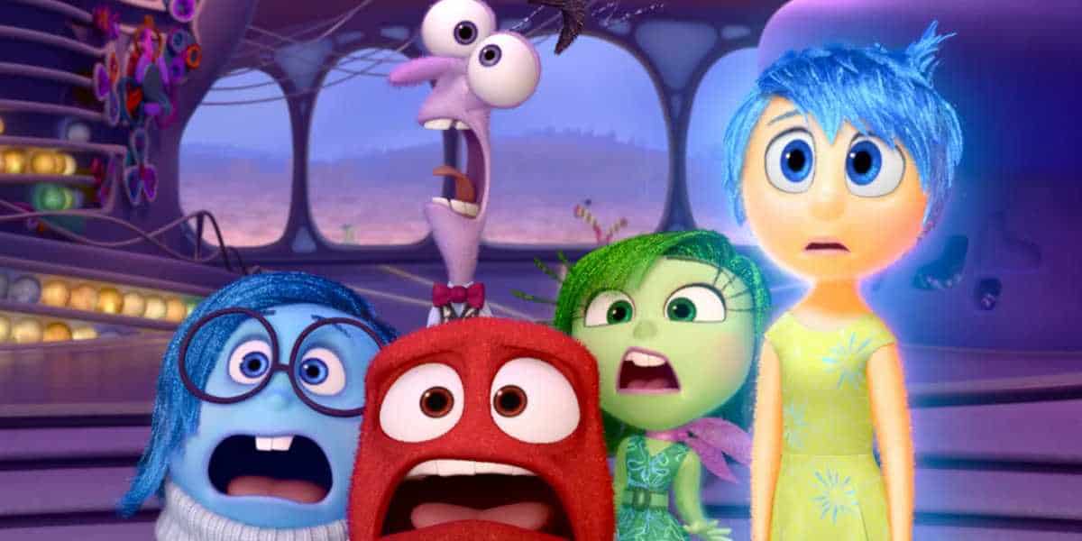 Inside Out 2 characters showing varied emotions inside a colorful, futuristic setting, with Joy looking surprised, Fear anxious, Anger yelling, Disgust annoyed, and Sadness apprehensive.
